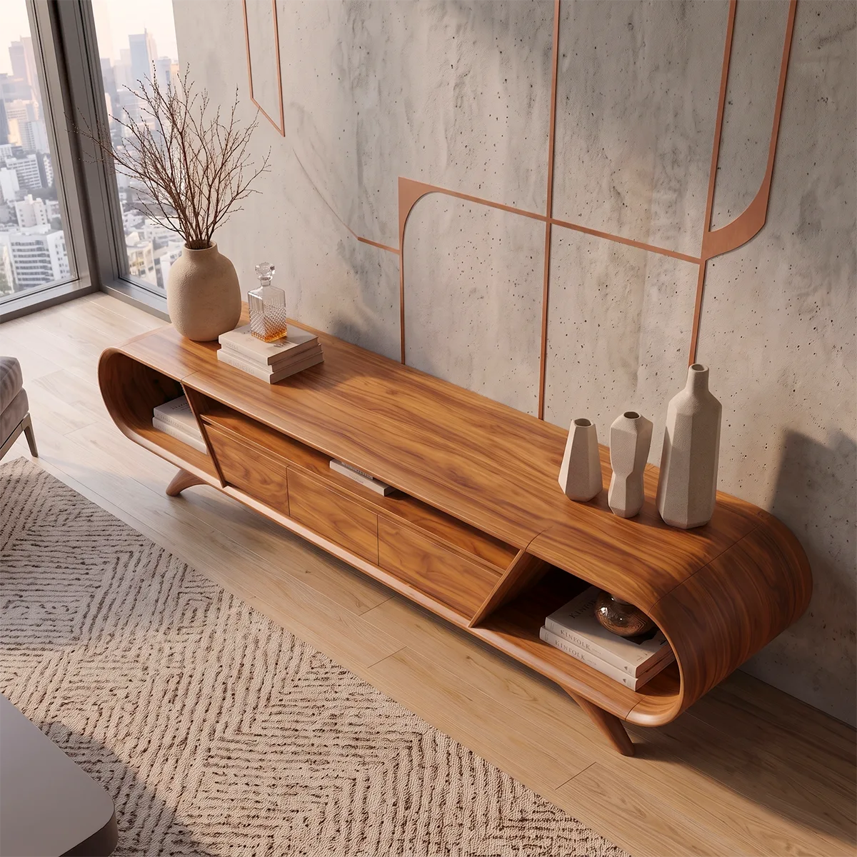 Modern Curved TV Stand with 3 Drawers & 3 Open Storage Areas | Sculptural Media Console