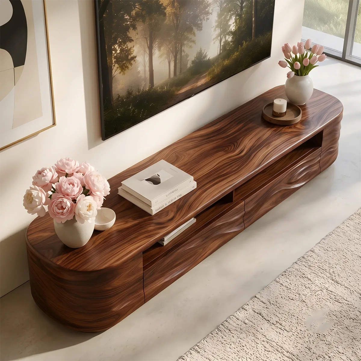 Modern TV Stand with Open Display Shelf & Wave Front Drawers TT006-6OLZ4XW