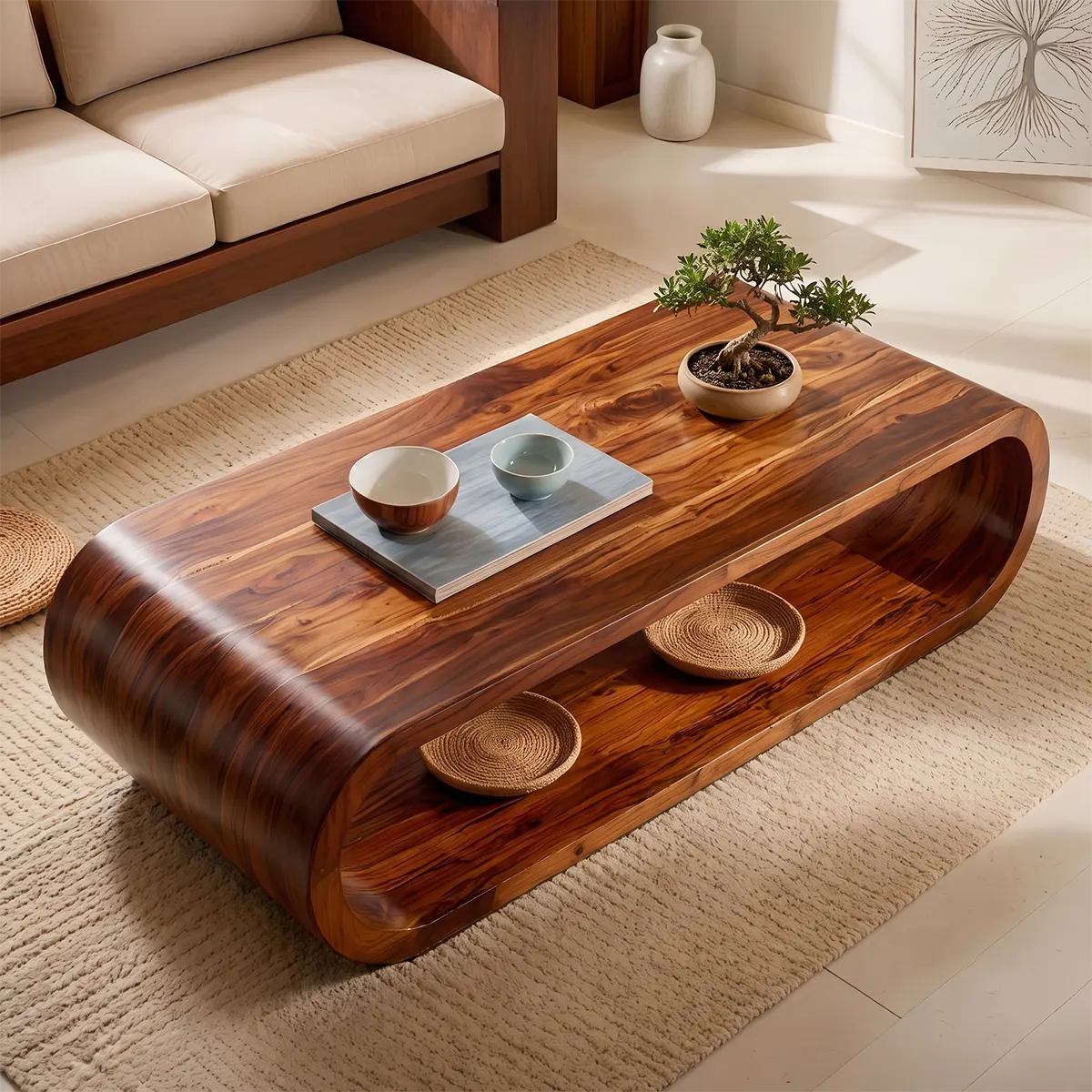 Solid Wood Waterfall Coffee Table with Open Storage | Modern Organic Living Room Table