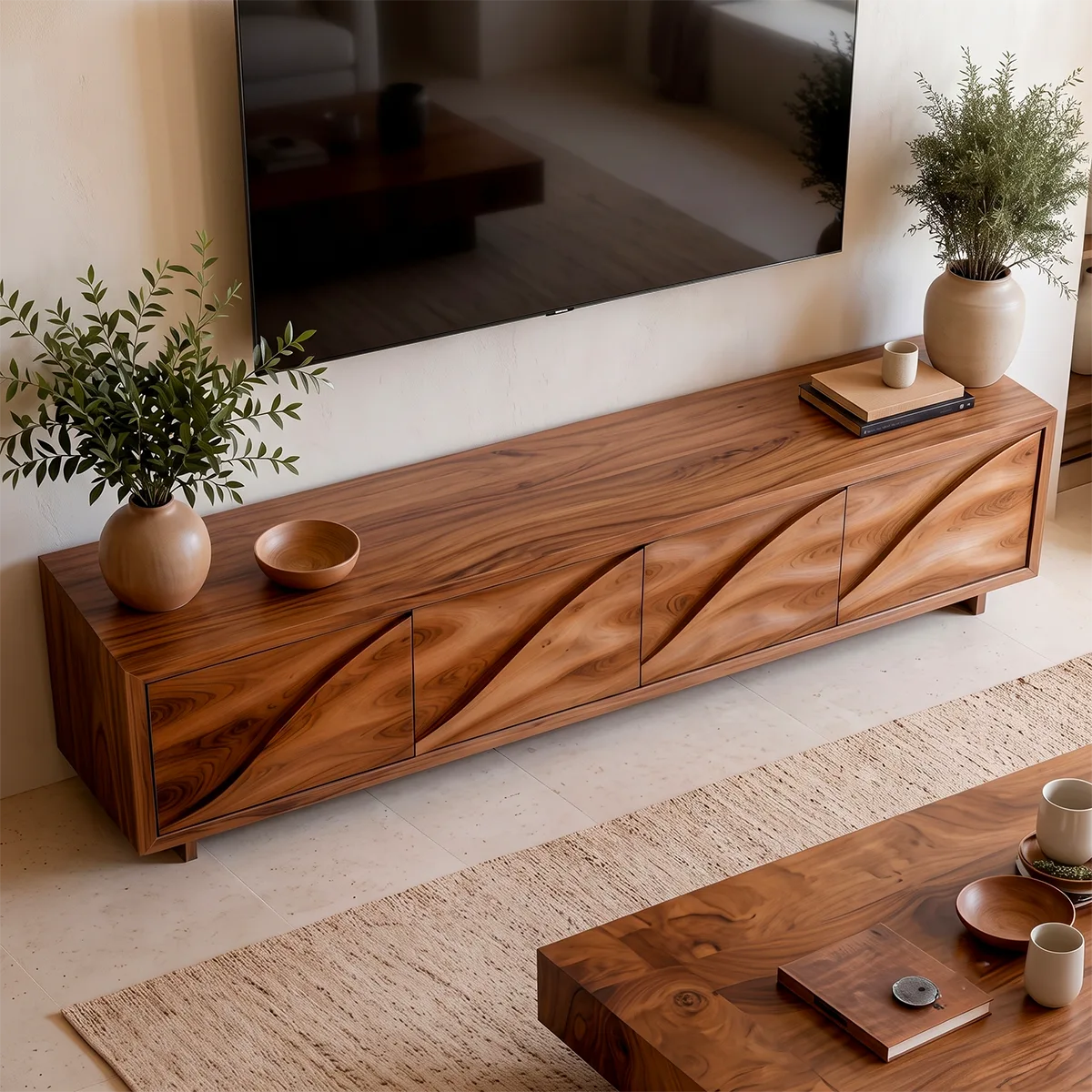 Modern TV Stand with 4 Enclosed Storage Compartments & Sculpted Wave Fronts