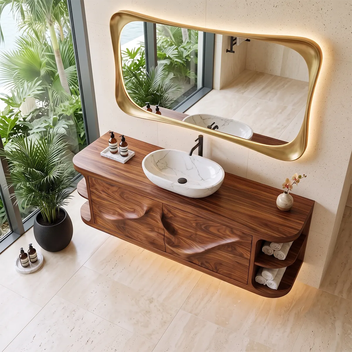 Floating Solid Wood Bathroom Vanity with Double-Door Cabinet & Open Shelves | Wall Mounted Bathroom Vanity with Fixed Storage TT006-9IGM7UG