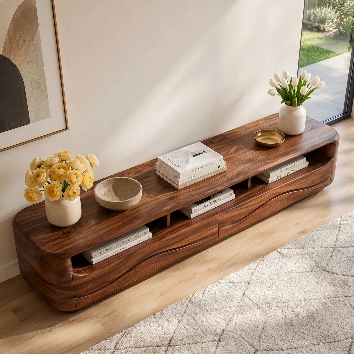 Organic Modern TV Stand with Open Shelves & 2 Drawers | Modern Media Console TT006-6HLG3MY