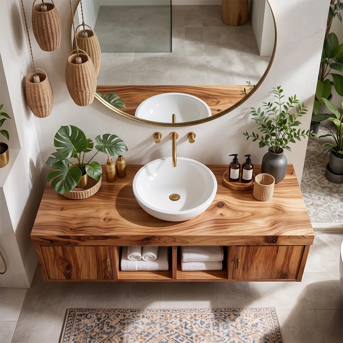 Floating Solid Wood Bathroom Vanity | Modern Bathroom Vanity with Side Cabinets and Open Shelves TT006-6ICG7SP