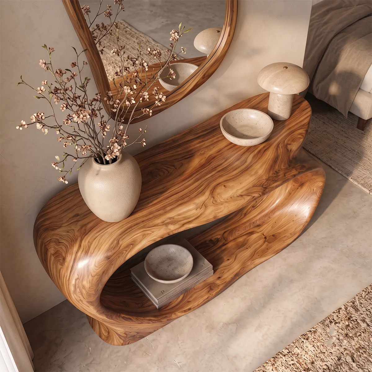 Organic Sculptural Console Table with Open Shelf for Modern Entryway & Hallway TT006-7521