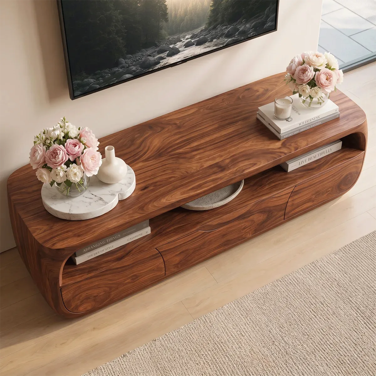 Modern TV Stand with Open Display Shelf & Storage Drawers TT006-5QMV1KJ