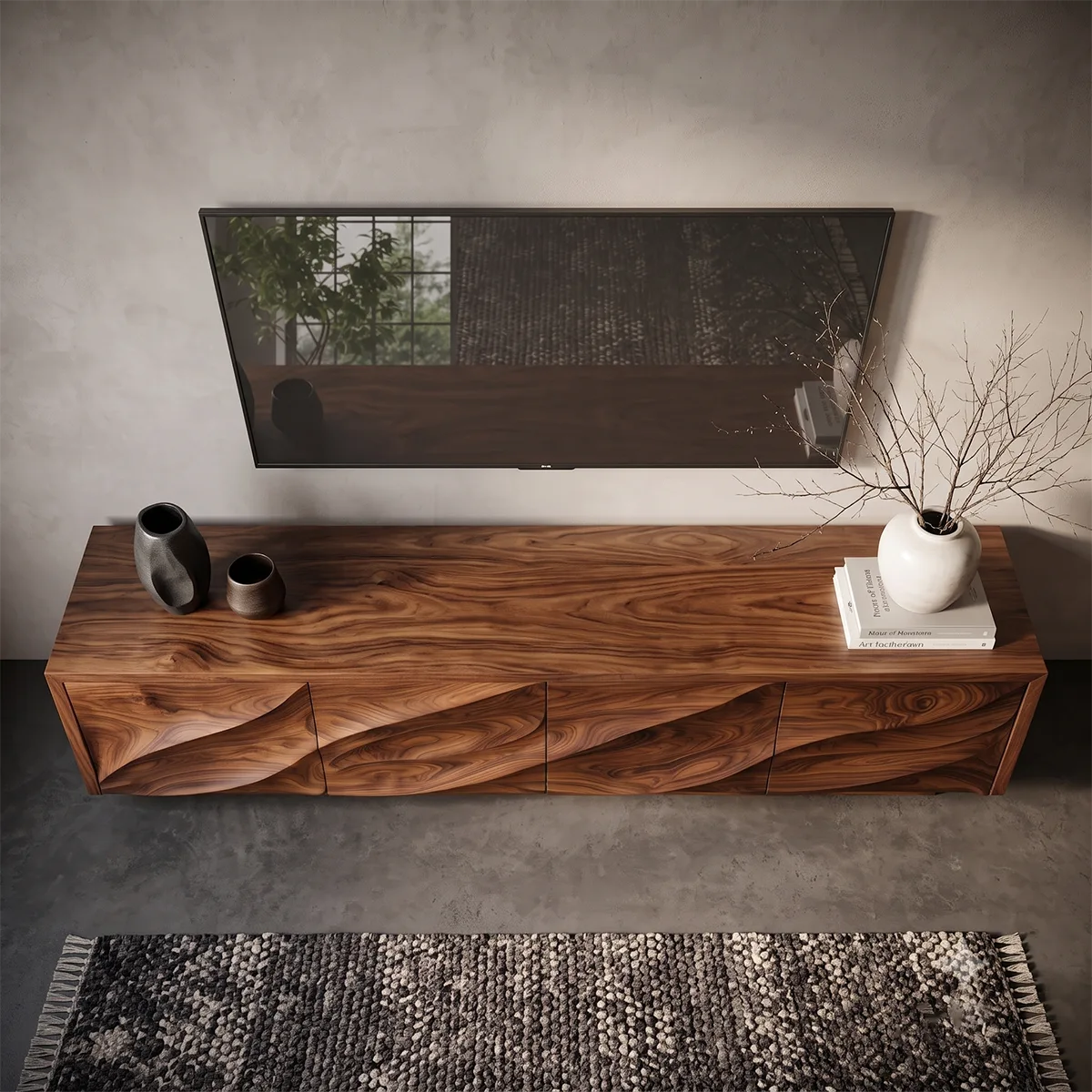 Modern Organic TV Stand with Sculpted Cabinets | Media Console TT006-9MXD1HU