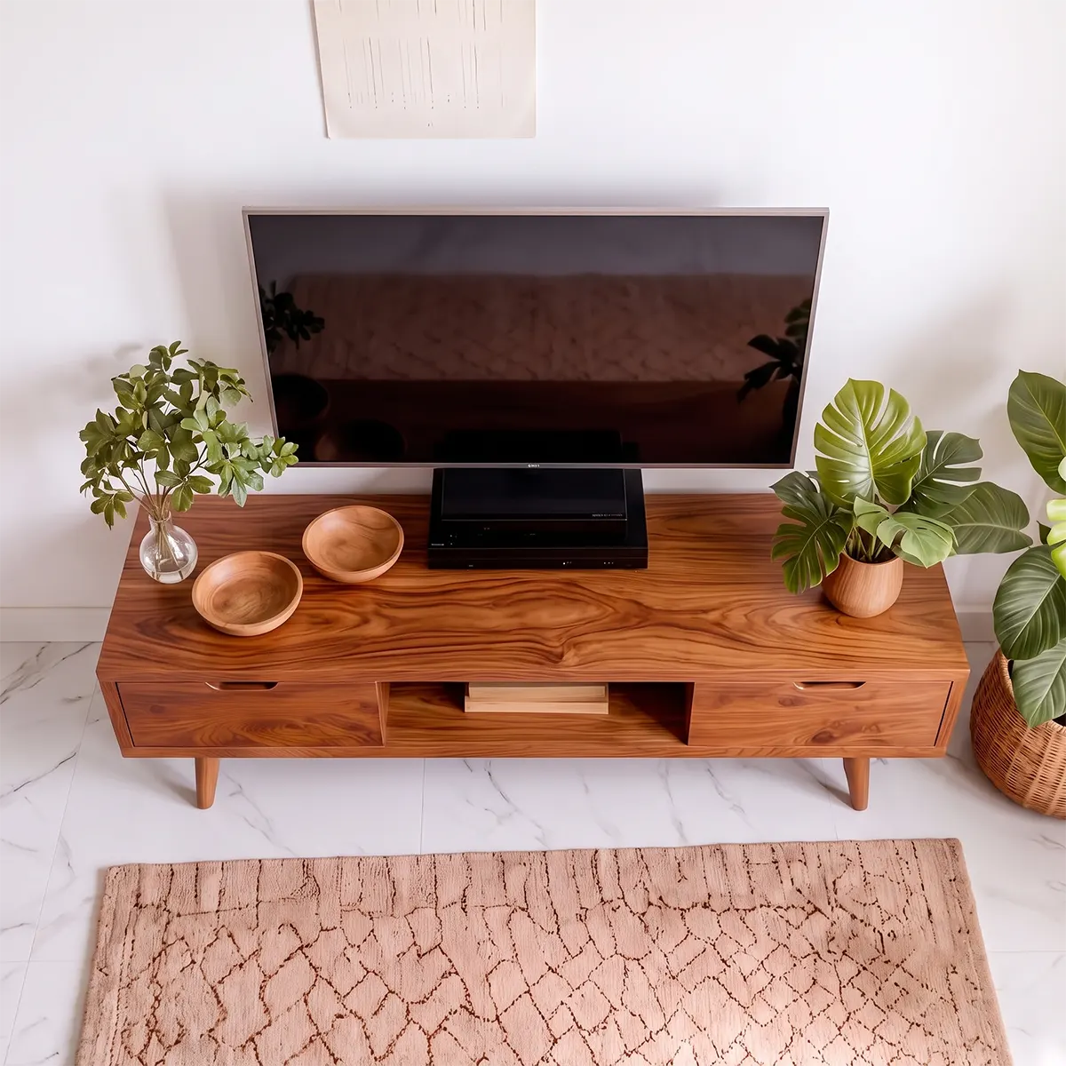 Mid-Century Modern TV Stand with 2 Drawers & Open Shelf | Low Profile Media Console