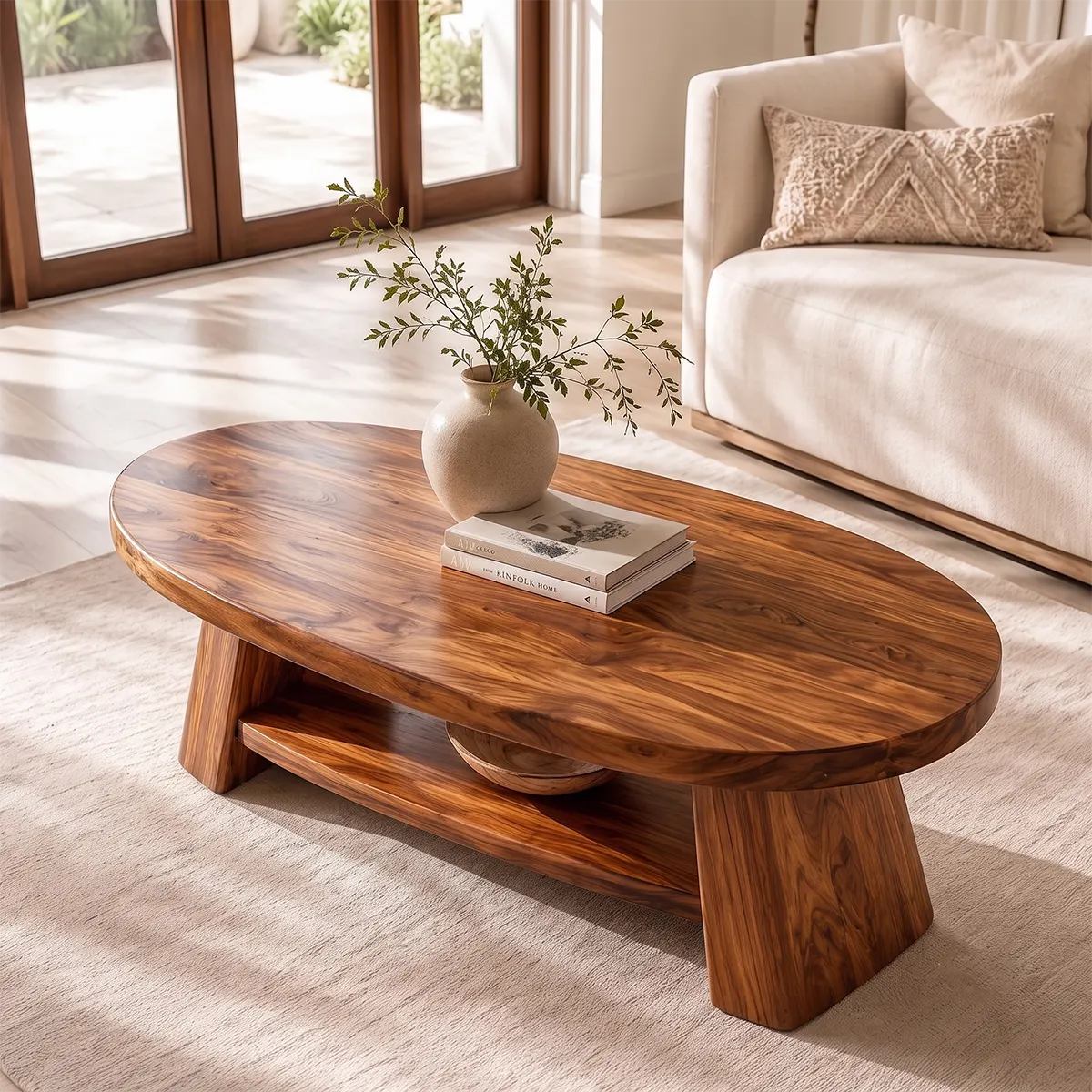 Solid Wood Oval Coffee Table with Storage Shelf | Modern Organic Living Room Table TT006-8795
