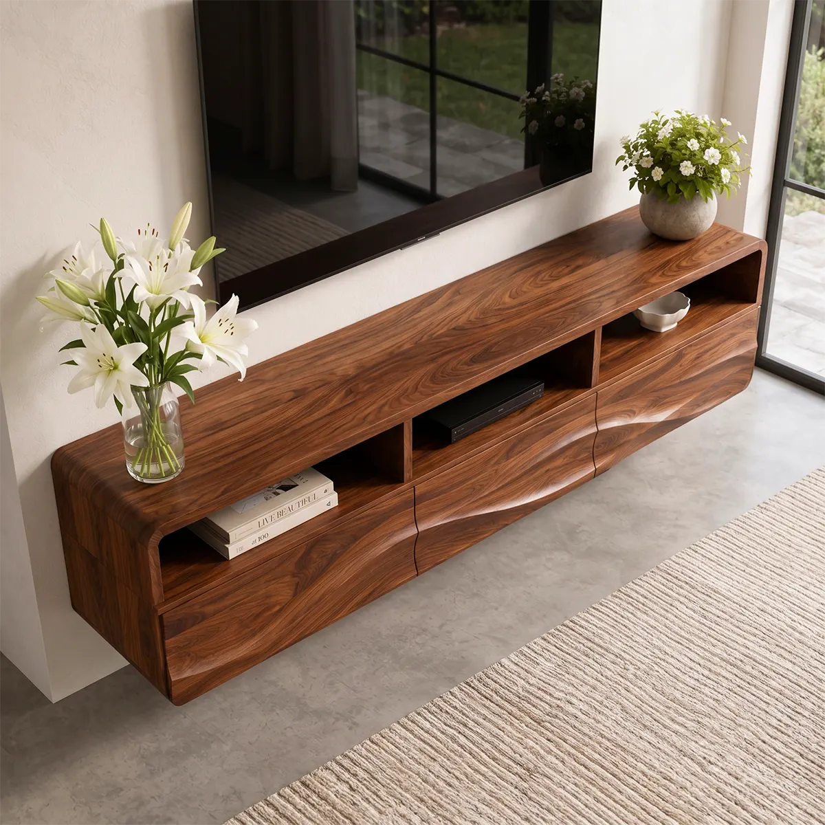 Organic Modern Floating TV Stand with Open Shelving & Three Drawers TT006-8JIK6GK