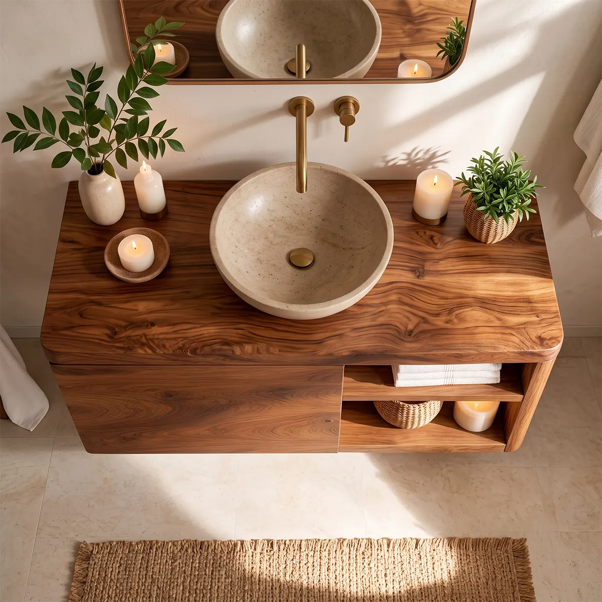 Floating Solid Wood Bathroom Vanity with Single-Door Cabinet & Open Shelves | Wall Mounted Bathroom Vanity with Fixed Storage TT006-5WWS2ST