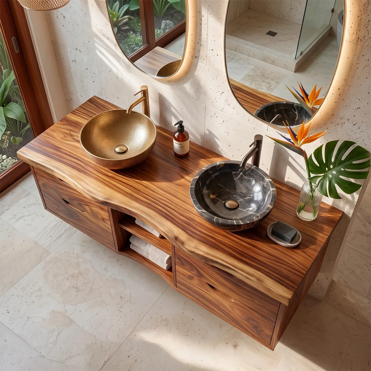 Double Sink Floating Solid Wood Bathroom Vanity | Modern Bathroom Vanity with Four Drawers and Open Shelves TT006-9FKJ3AR