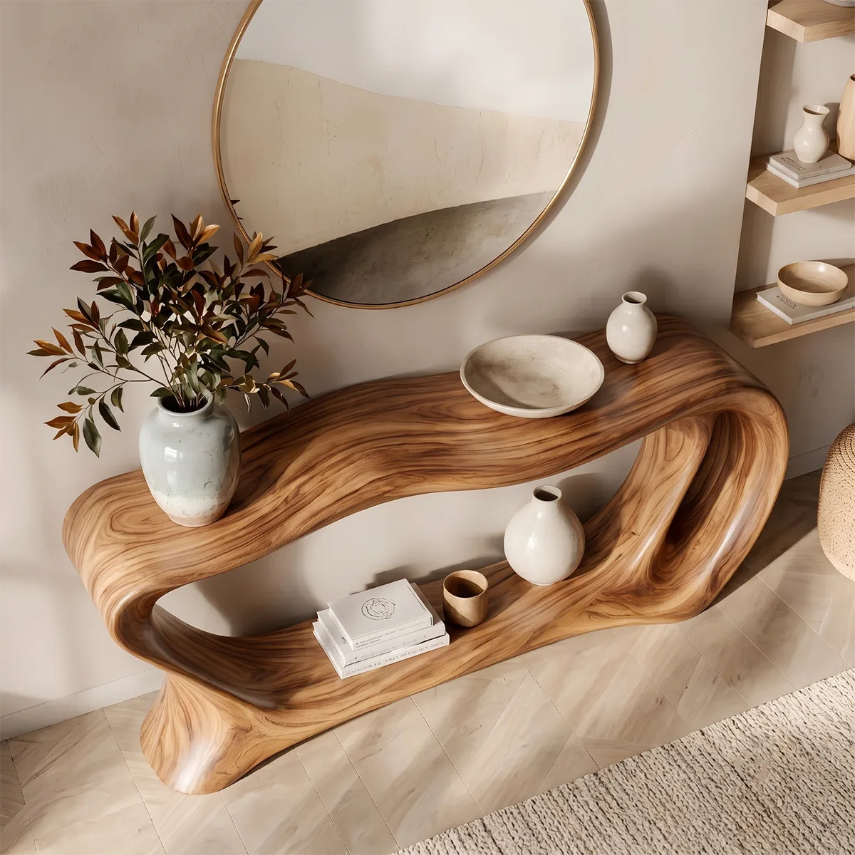 Organic Wave Console Table with Open Shelf for Modern Entryway & Living Room TT006-9593