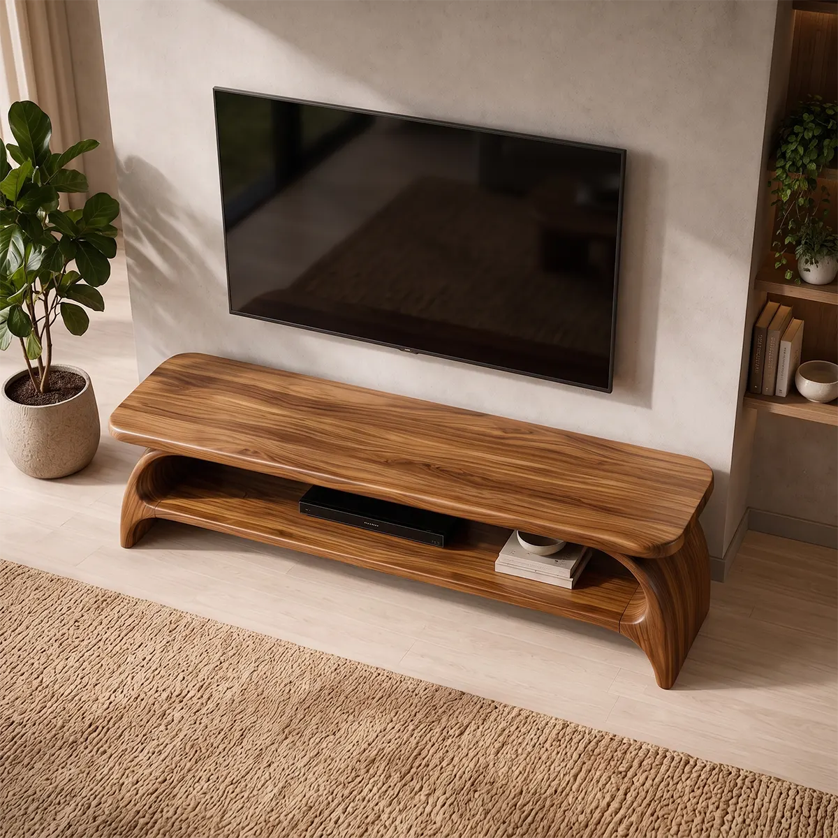 Organic Modern TV Stand with Sculptural Open Shelf & Curved Waterfall Design TT006-2BHV8AL