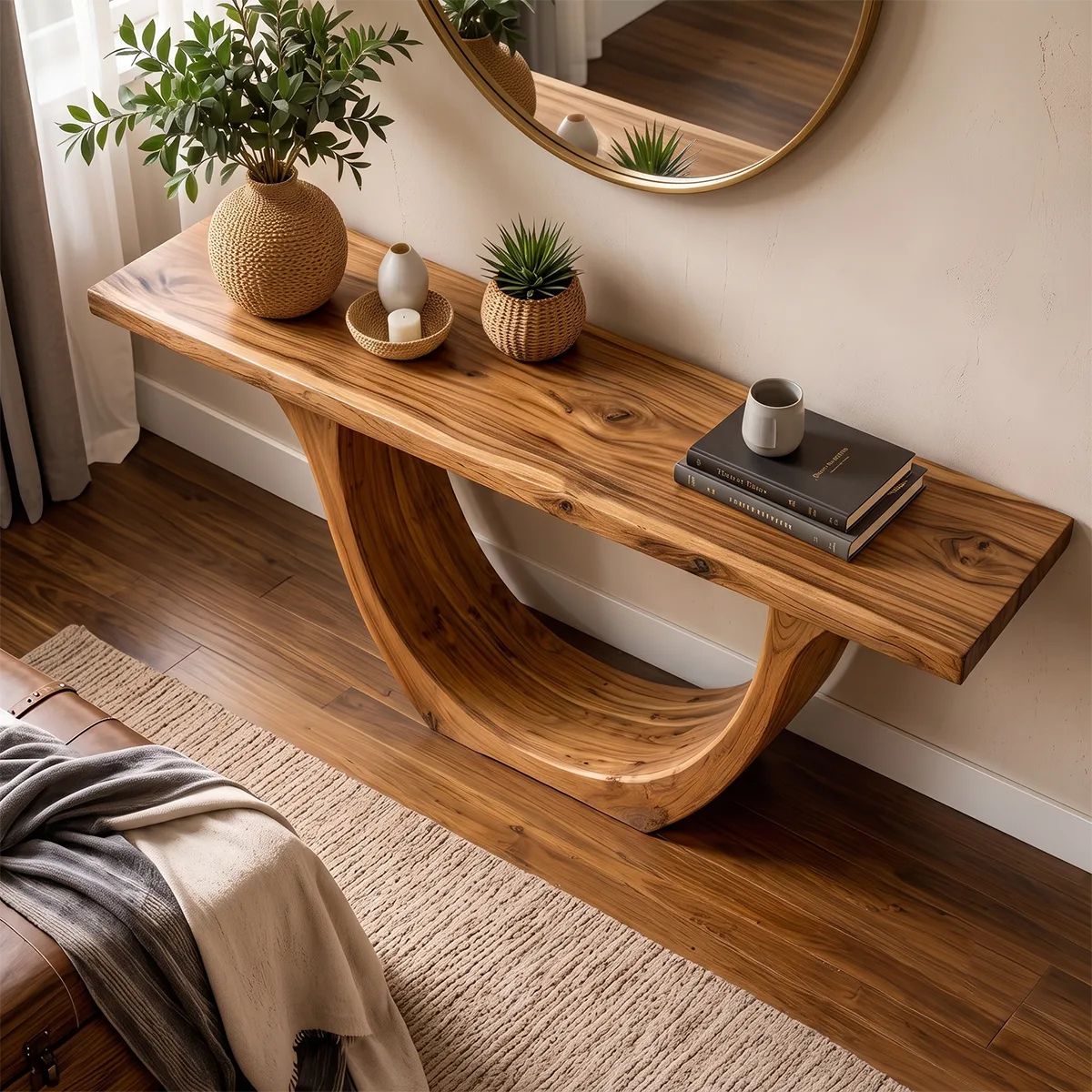 Modern Wooden Console Table with Sculptural Curved U-Base for Entryway & Hallway TT006-2563