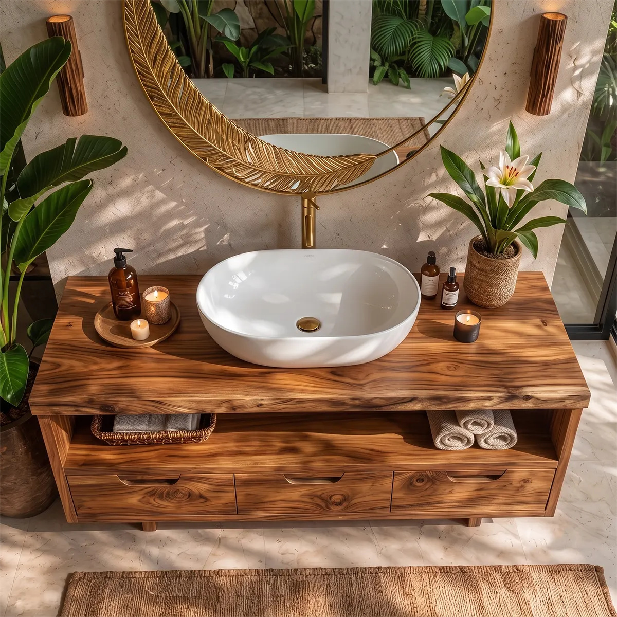 Freestanding Solid Wood Bathroom Vanity | Live Edge Wood Vanity with Open Shelf & Three Drawers TT006-2MDA2PI