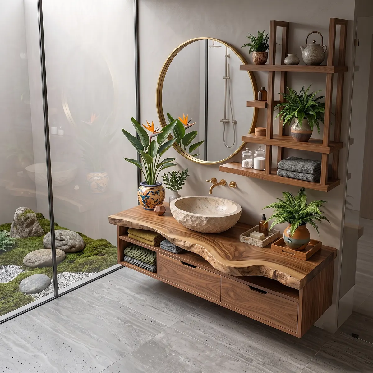 Floating Solid Wood Bathroom Vanity with Drawers & Open Shelves | Wall Mounted Bathroom Vanity with Live Edge Countertop TT006-8CNN1NN