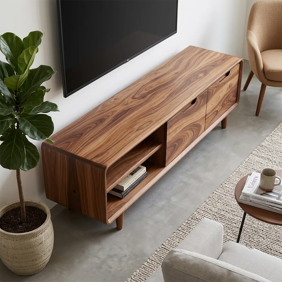 Organic Modern TV Stand with Open Shelving & Hidden Storage Cabinets TT006-4EGA5YH