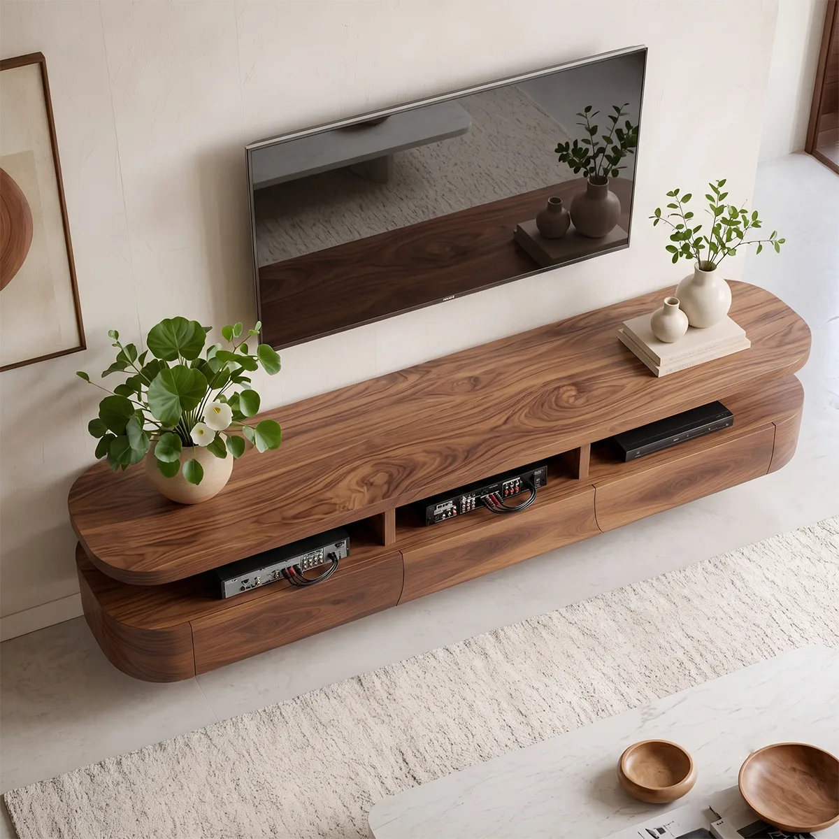 Modern Floating TV Stand with Open Media Shelf & Three Storage Drawers TT006-2WVU2VZ