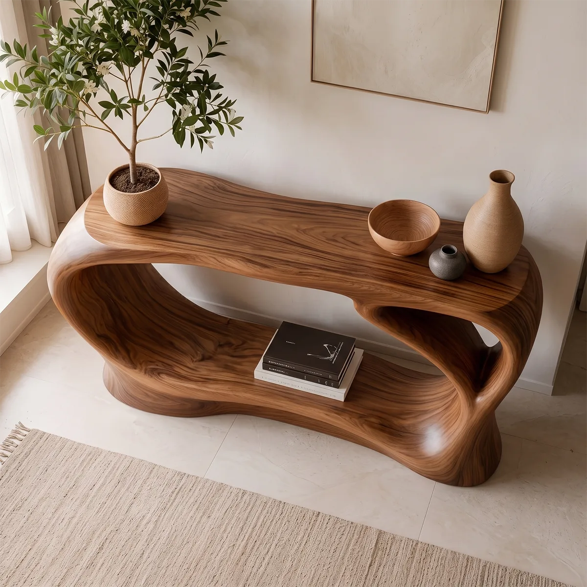 Organic Modern Console Table with Sculptural Open Frame & Display Shelf TT006-1286