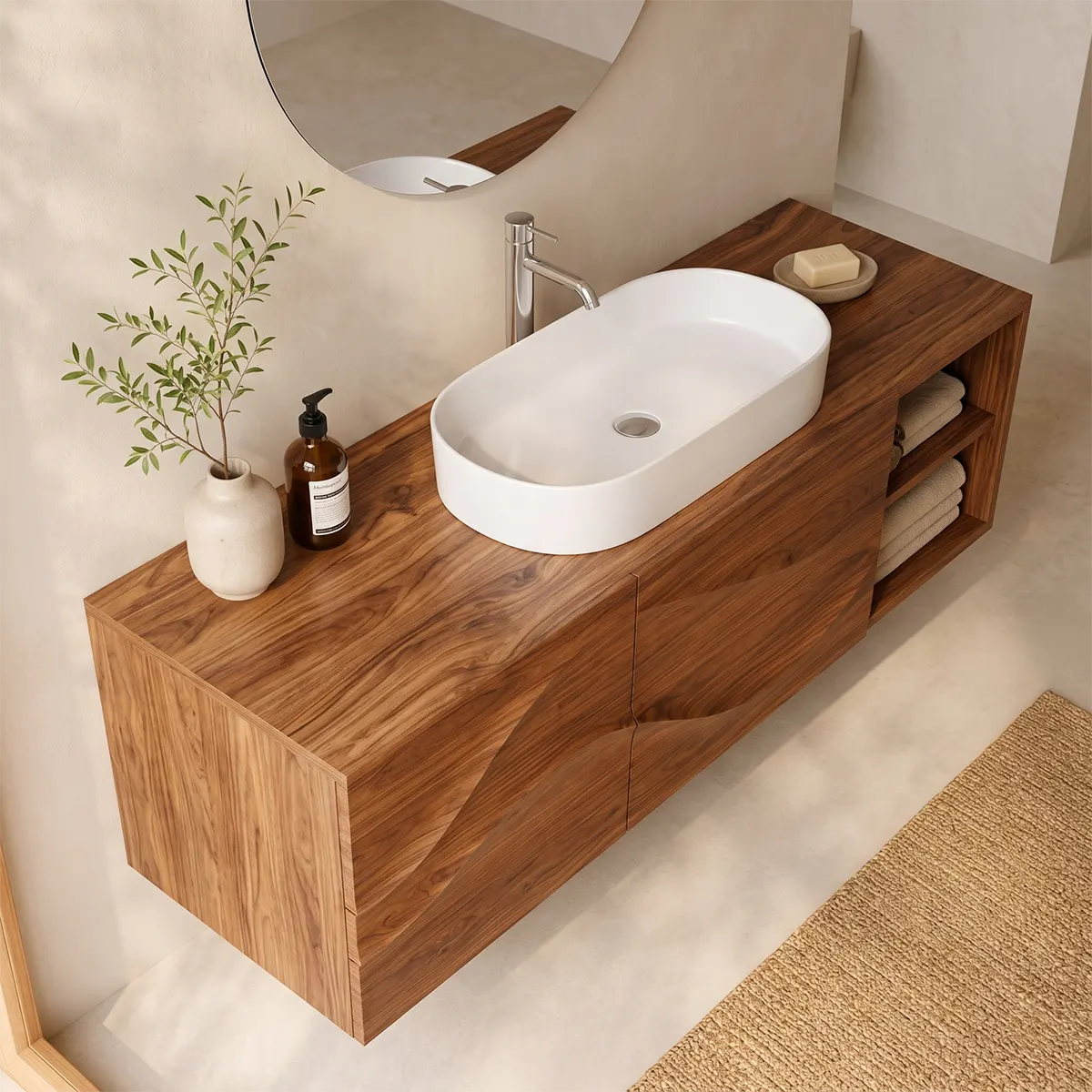 Floating Bathroom Vanity with 2 Doors | Carved Wave Front & Open Storage Shelves