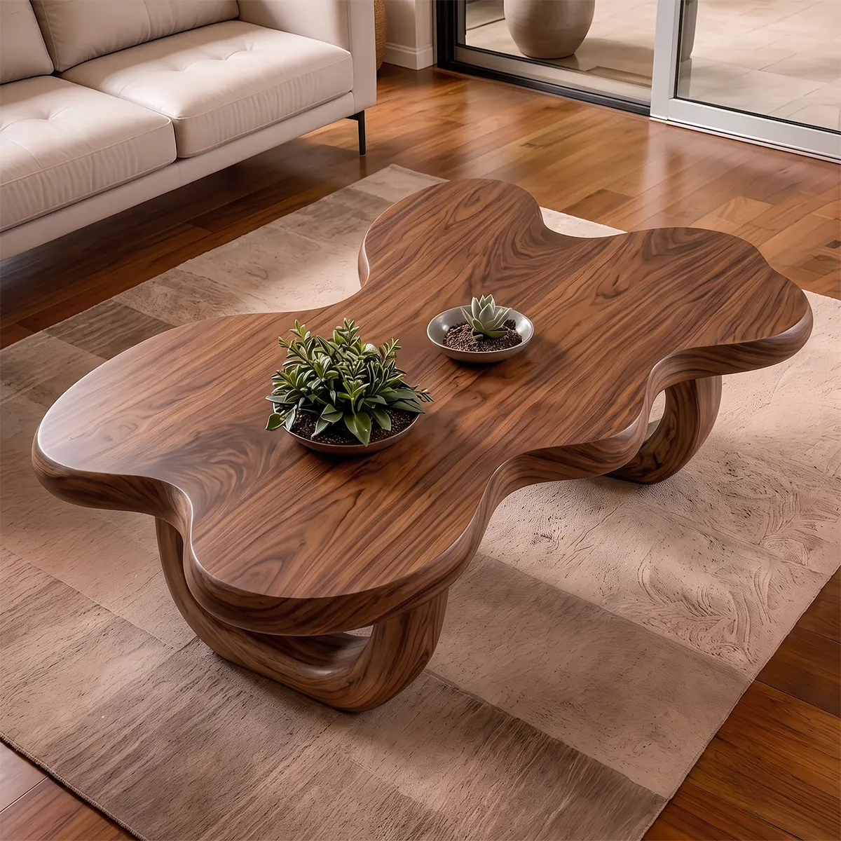 Modern Organic Wood Coffee Table with Freeform Top & Sculptural Base TT006-8349