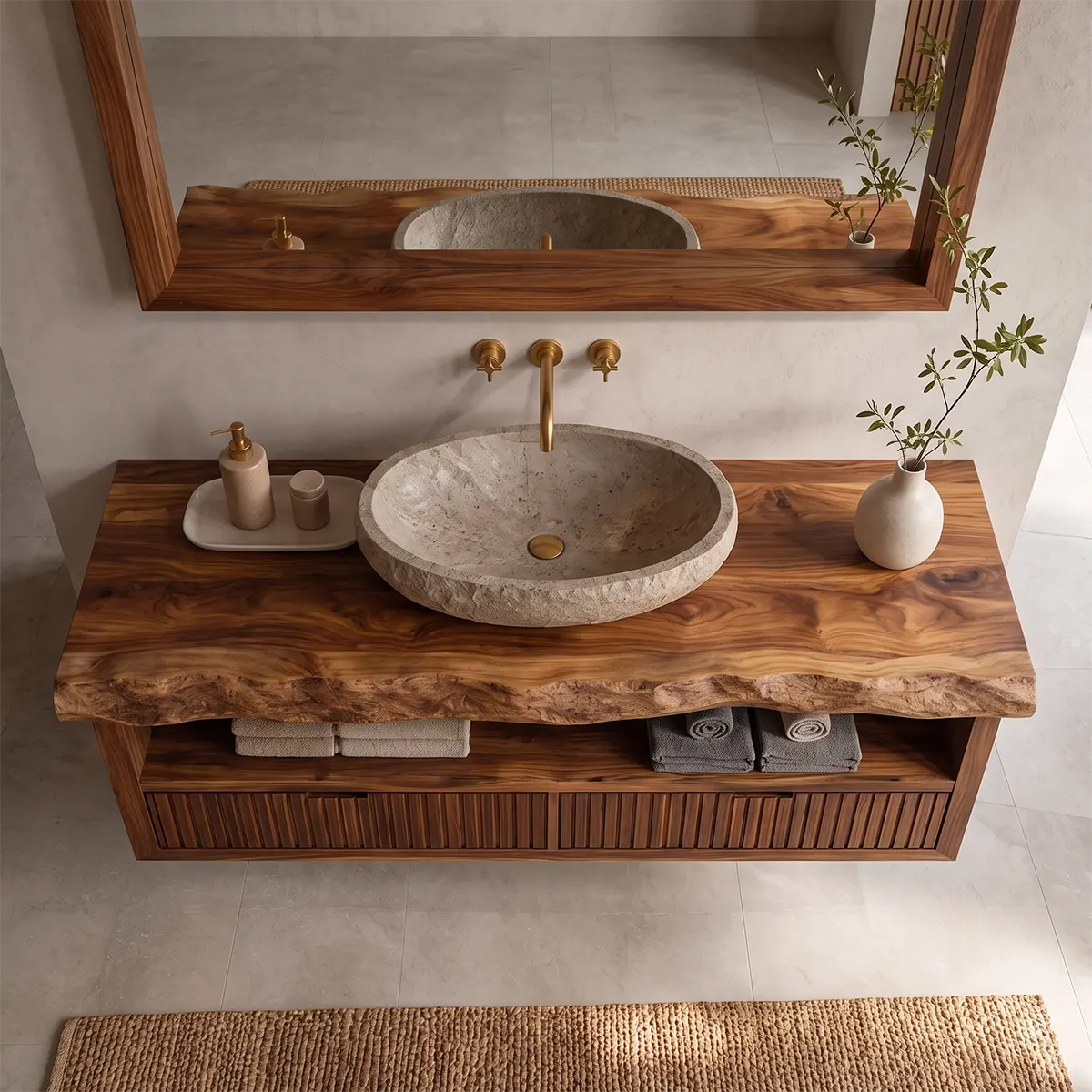 Floating Solid Wood Bathroom Vanity | Live Edge Bathroom Vanity with Fluted Drawers and Open Shelf TT006-8ZMT8QZ