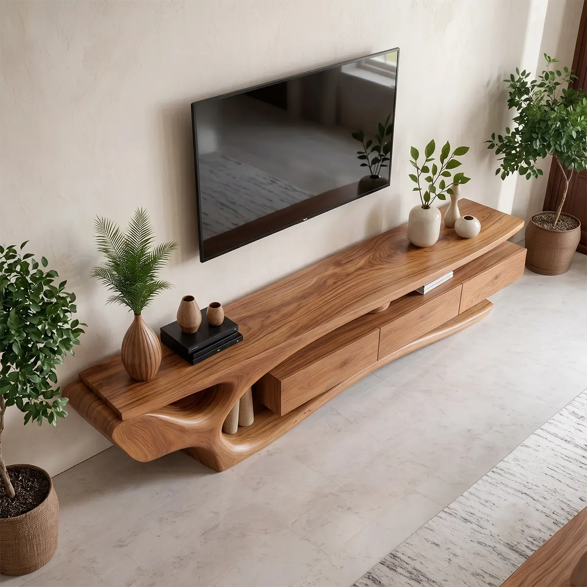 Modern Organic TV Stand with Sculptural Wave Frame & Three Drawer Storage TT006-9XJR2WM