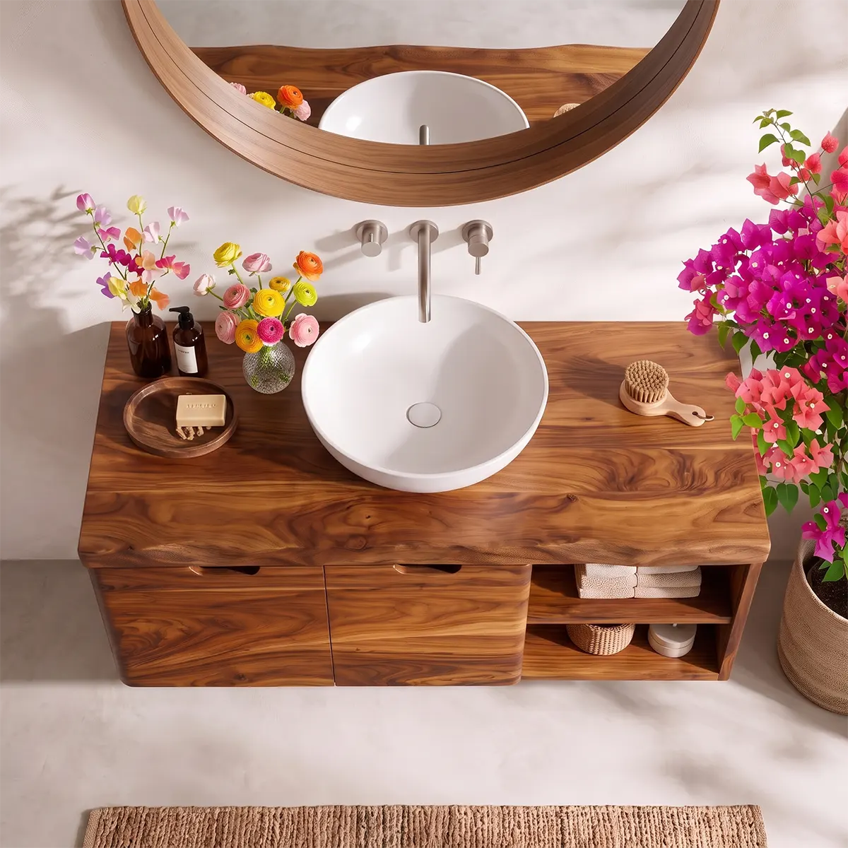 Floating Solid Wood Bathroom Vanity | Wall Mounted Single Sink Vanity with Double-Door Cabinet & Open Side Shelves TT006-8RLE6IL
