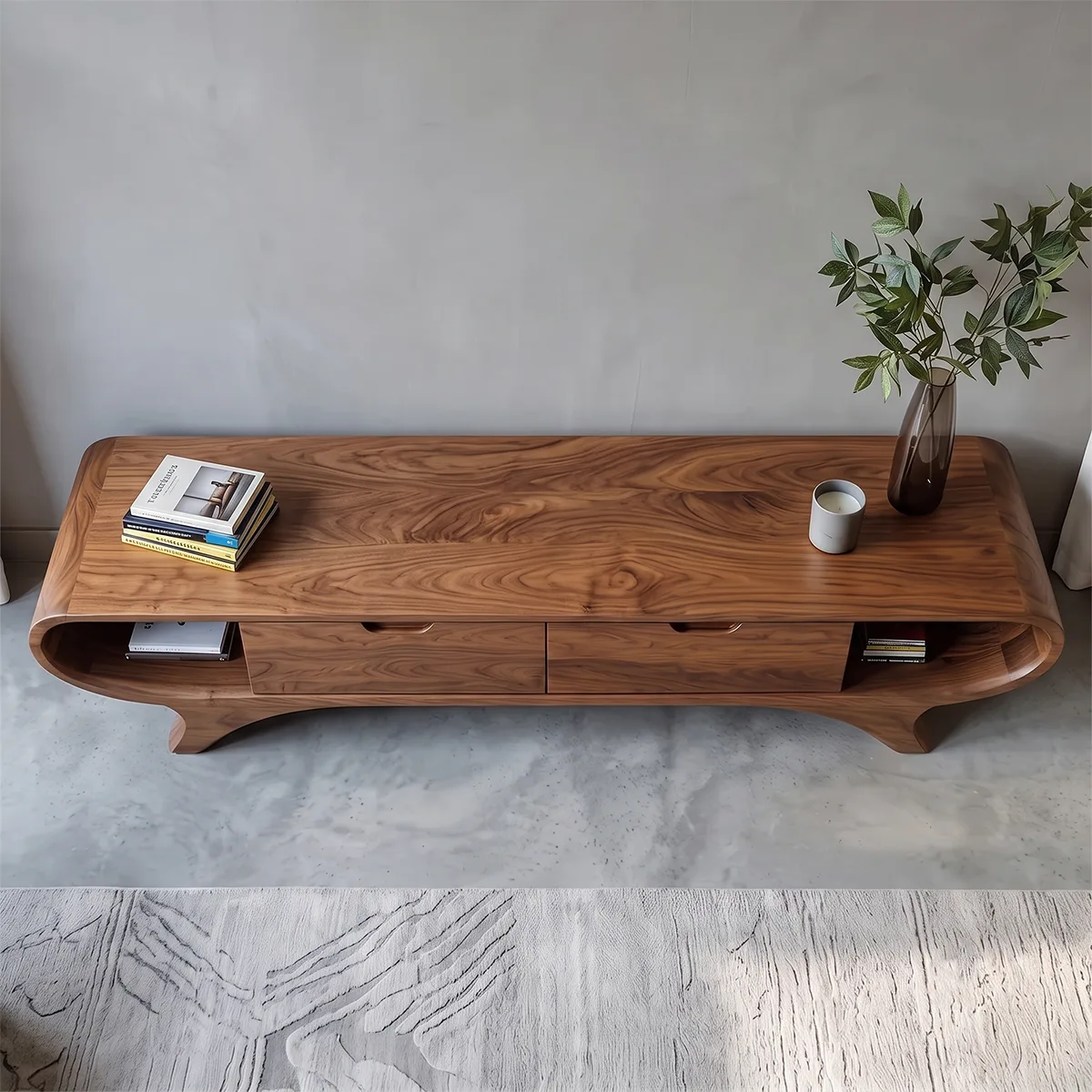 Modern Curved TV Stand with 2 Drawers & Open Side Shelves | Low Profile Media Console