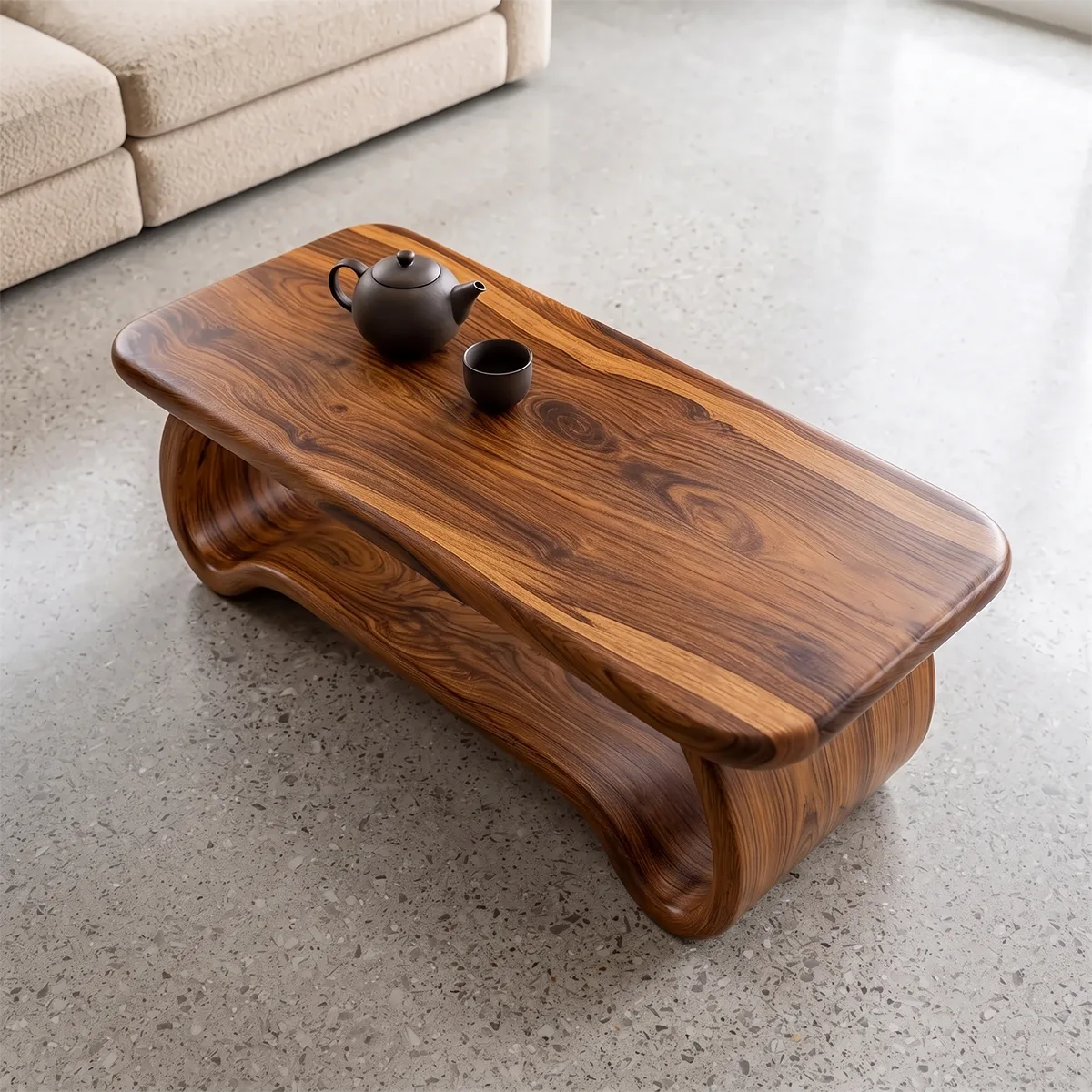 Modern Waterfall Coffee Table | Curved Open Shelf Center Table with Sculptural Base TH003-2431