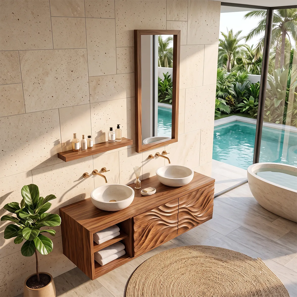 Double Sink Floating Bathroom Vanity with 2 Sculpted Doors | Modern Wall Mounted Vanity TH003-3PGW8ZW