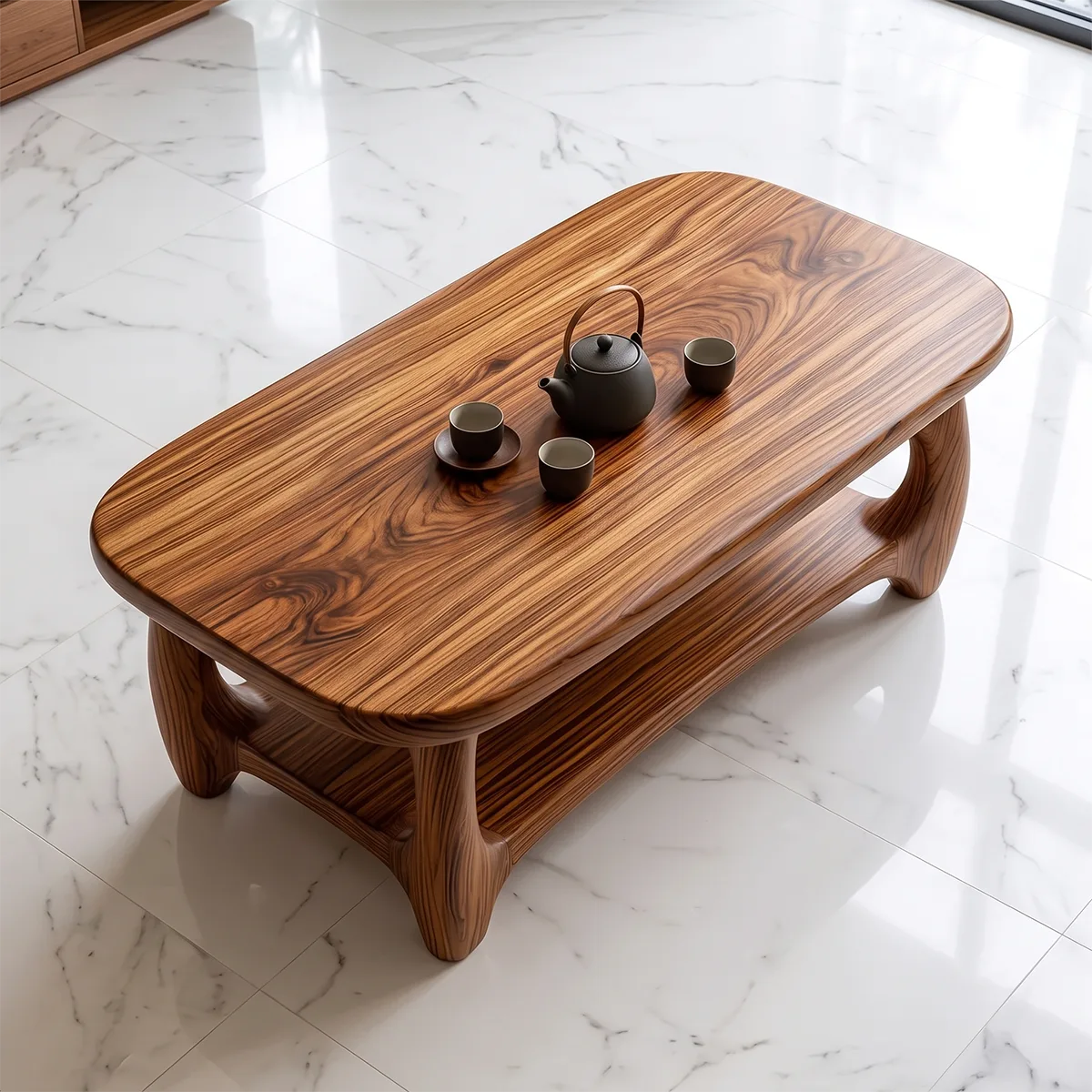 Modern Coffee Table with Open Shelf | Rounded Rectangle Center Table for Contemporary Living Room TH003-8562