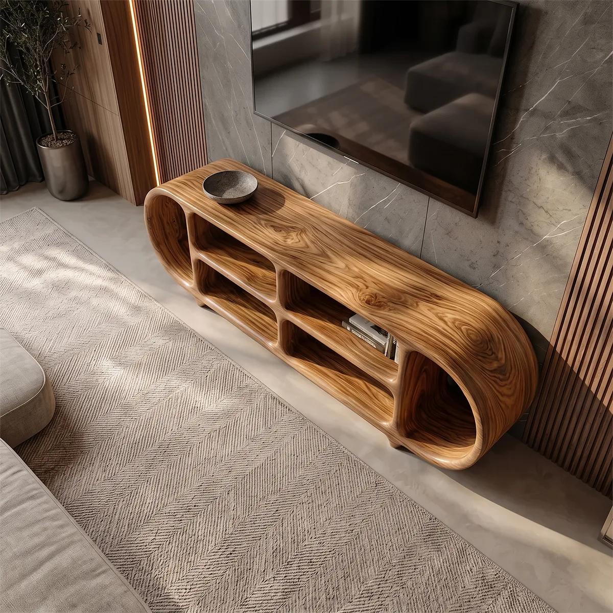 Sculptural TV Stand with Open Shelves | Organic Modern Media Console TH003-2CWG4EI
