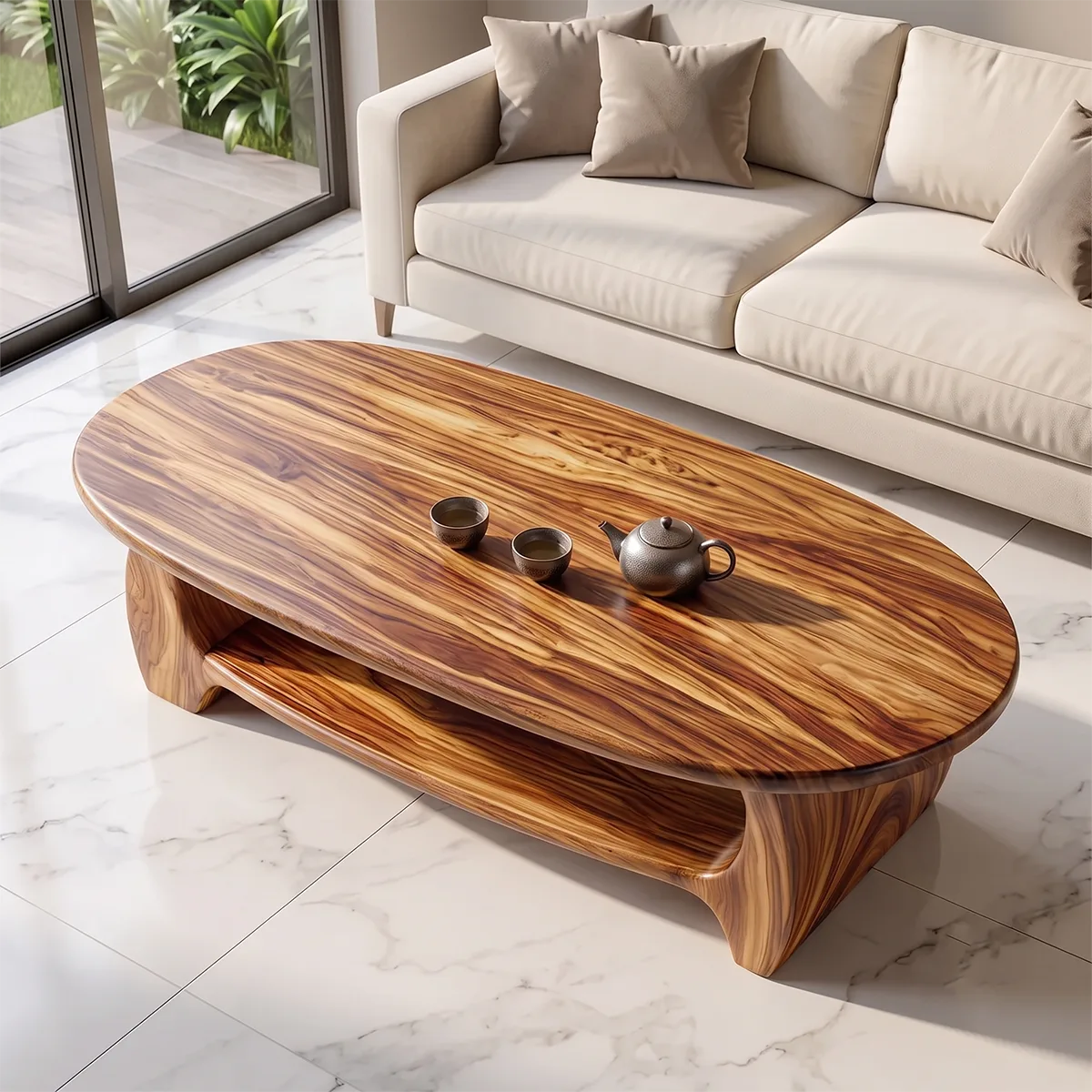 Modern Oval Coffee Table with Open Shelf | Sculptural Wood Center Table for Contemporary Living Room TH003-2398