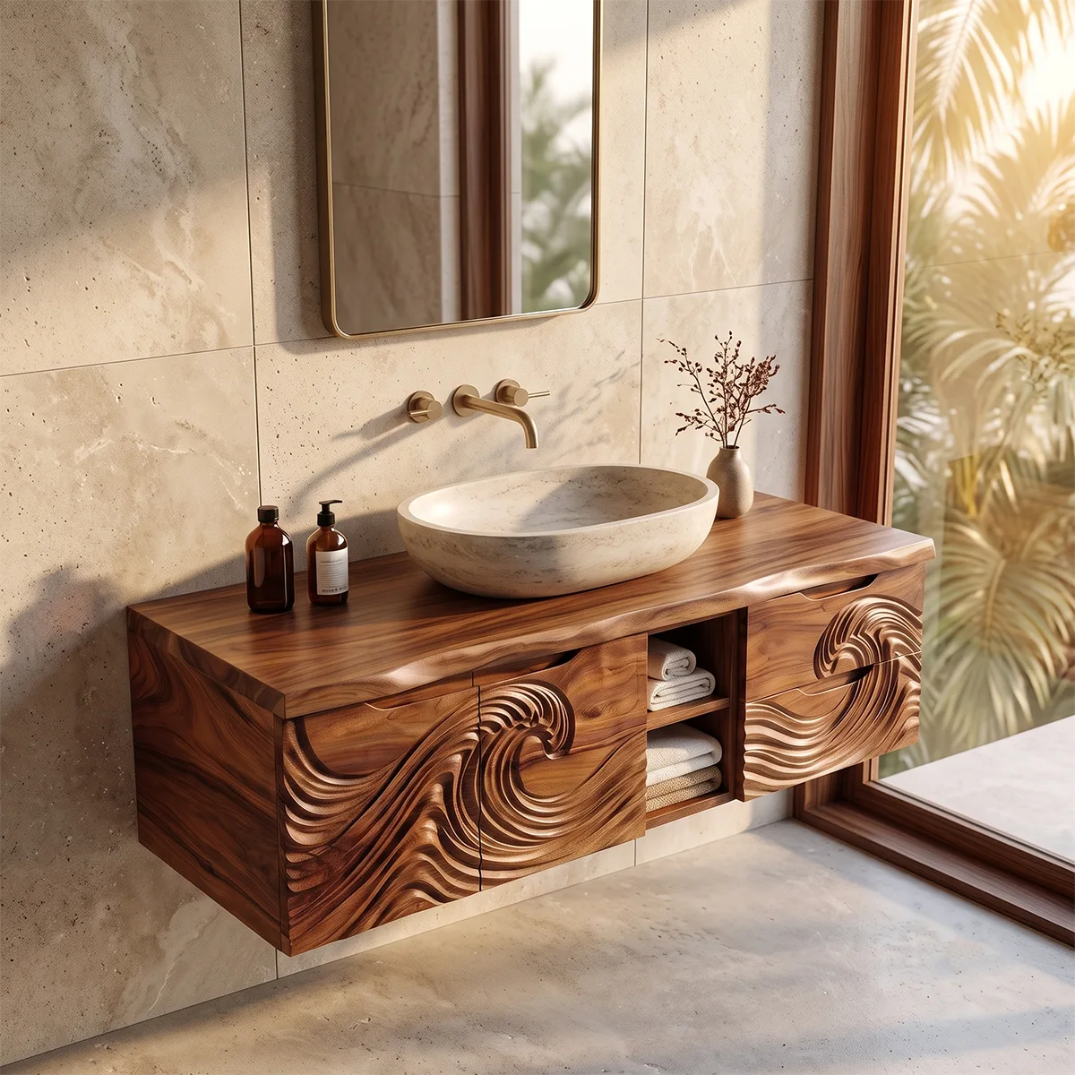 Modern Floating Bathroom Vanity with Wave Carved Cabinet, Open Shelf & Dual Drawers TH003-5MOV2YH