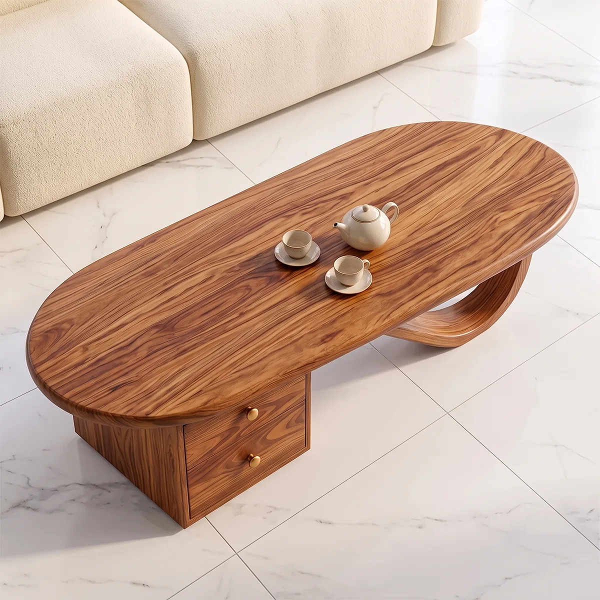 Modern Oval Coffee Table with Storage Drawers | Sculptural Contemporary Center Table for Living Room TH003-5102