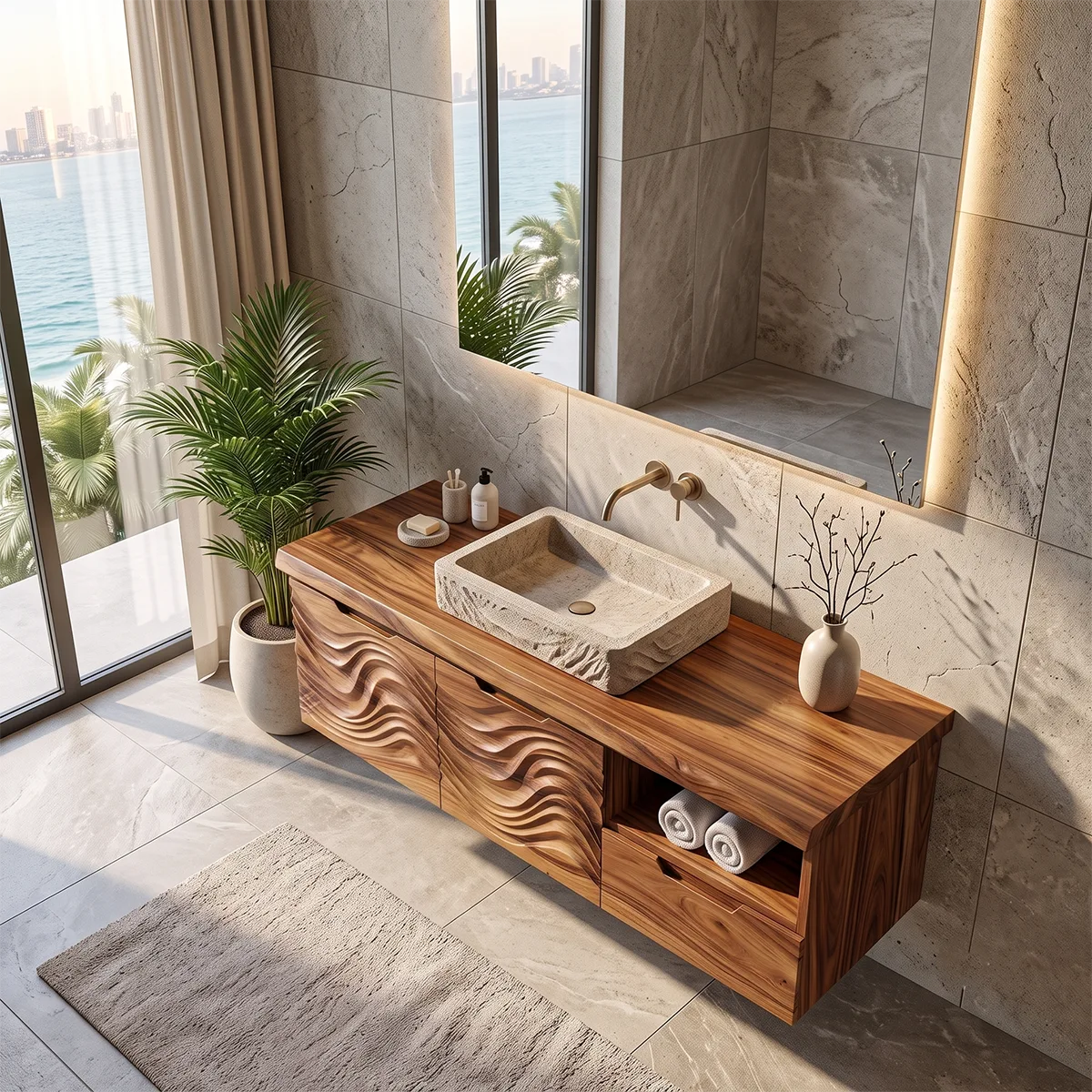 Modern Floating Bathroom Vanity with Wave Carved Cabinet, Open Shelf & Storage Drawer TH003-1MBE1JF