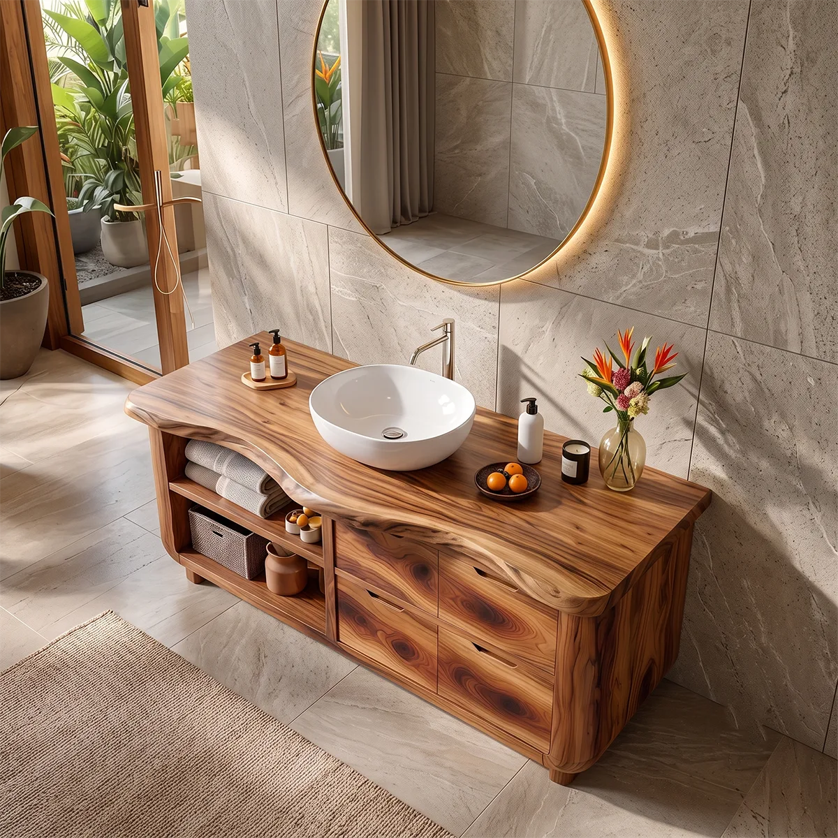 Organic Live Edge Bathroom Vanity with Open Shelving & Storage Drawers TH003-2XFK6JI