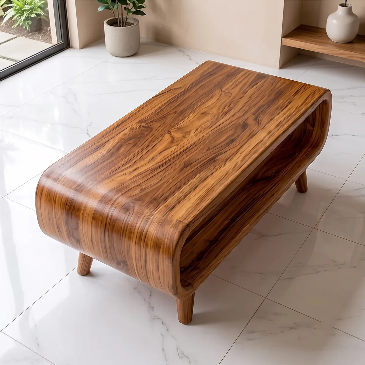 Modern Waterfall Coffee Table with Open Shelf | Mid-Century Curved Center Table for Living Room TH003-3124