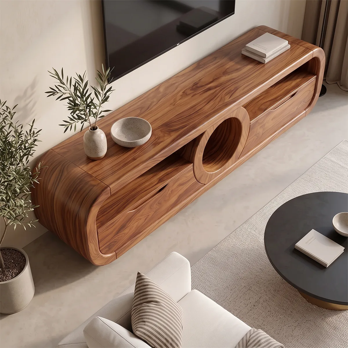 Modern TV Stand with Circular Shelf & Drawers | Sculptural Media Console TH003-7HDN2FQ