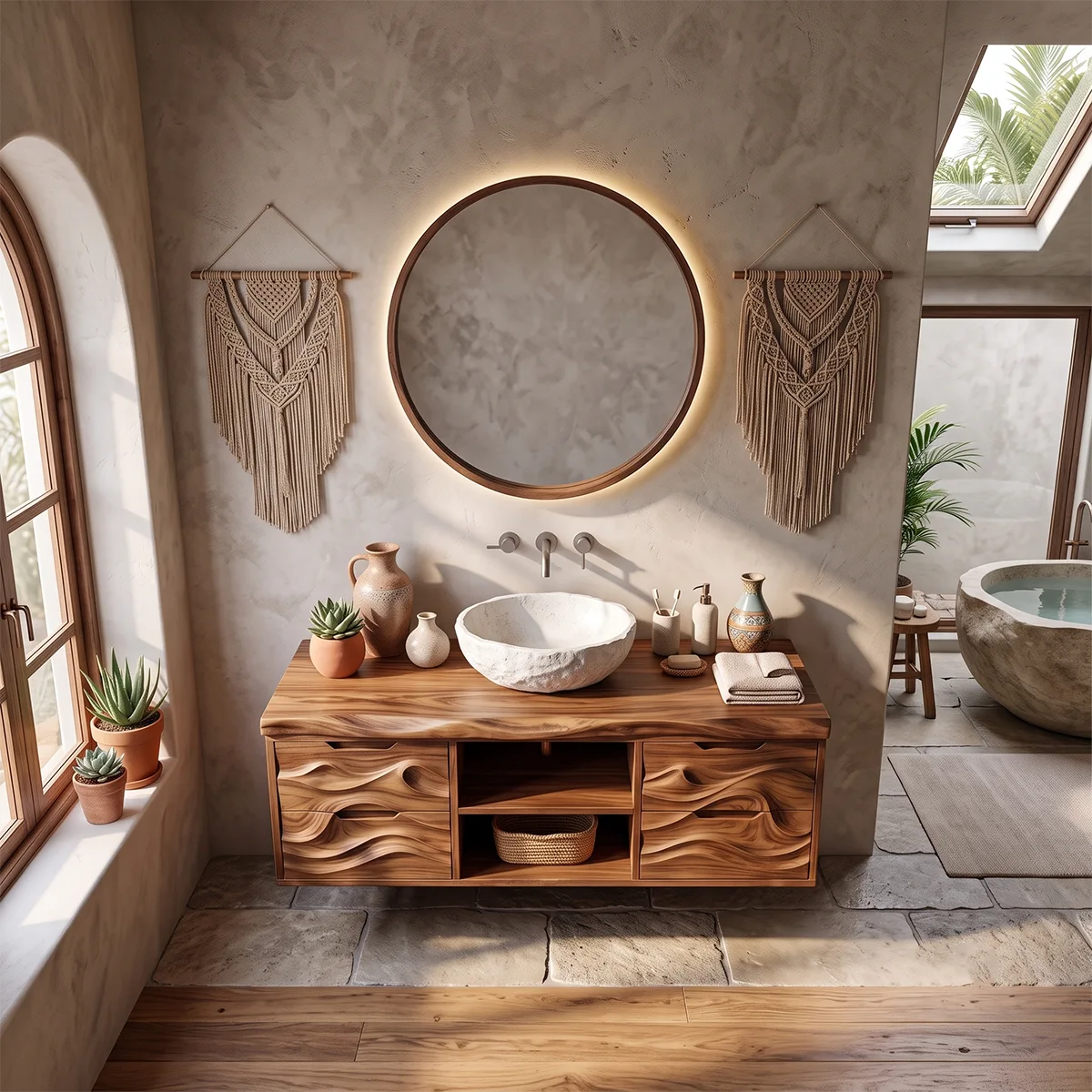 Organic Floating Bathroom Vanity with Cabinets, Open Shelves & Sculpted Wave Front TH003-7IJS3HC