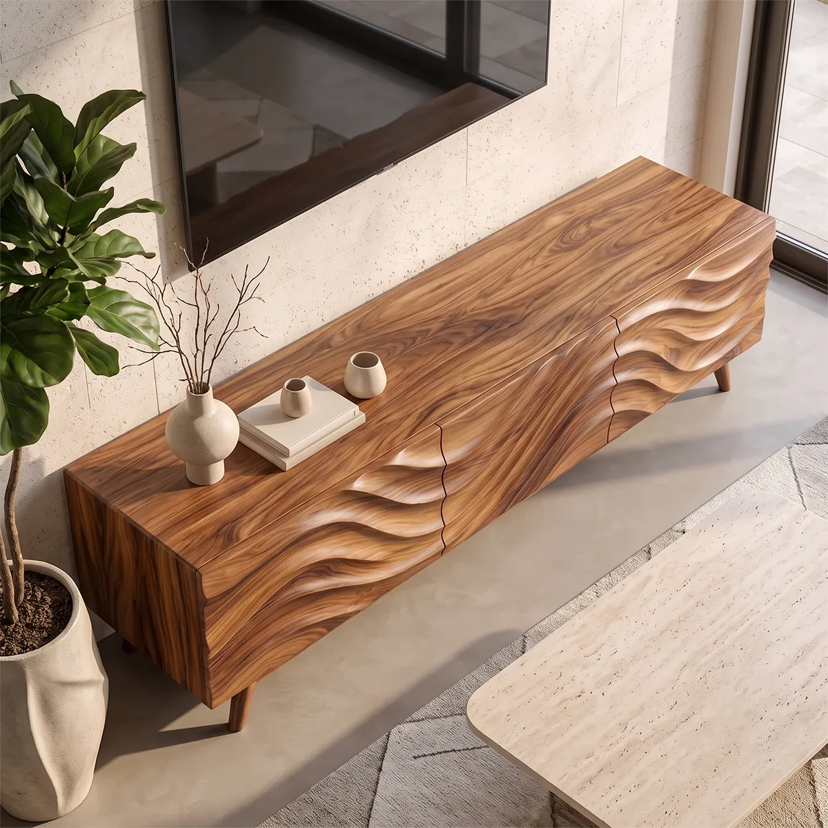Modern Wave Front TV Stand with Dual Cabinets & Center Drawer | Contemporary Media Console TH003-9IBA7YN