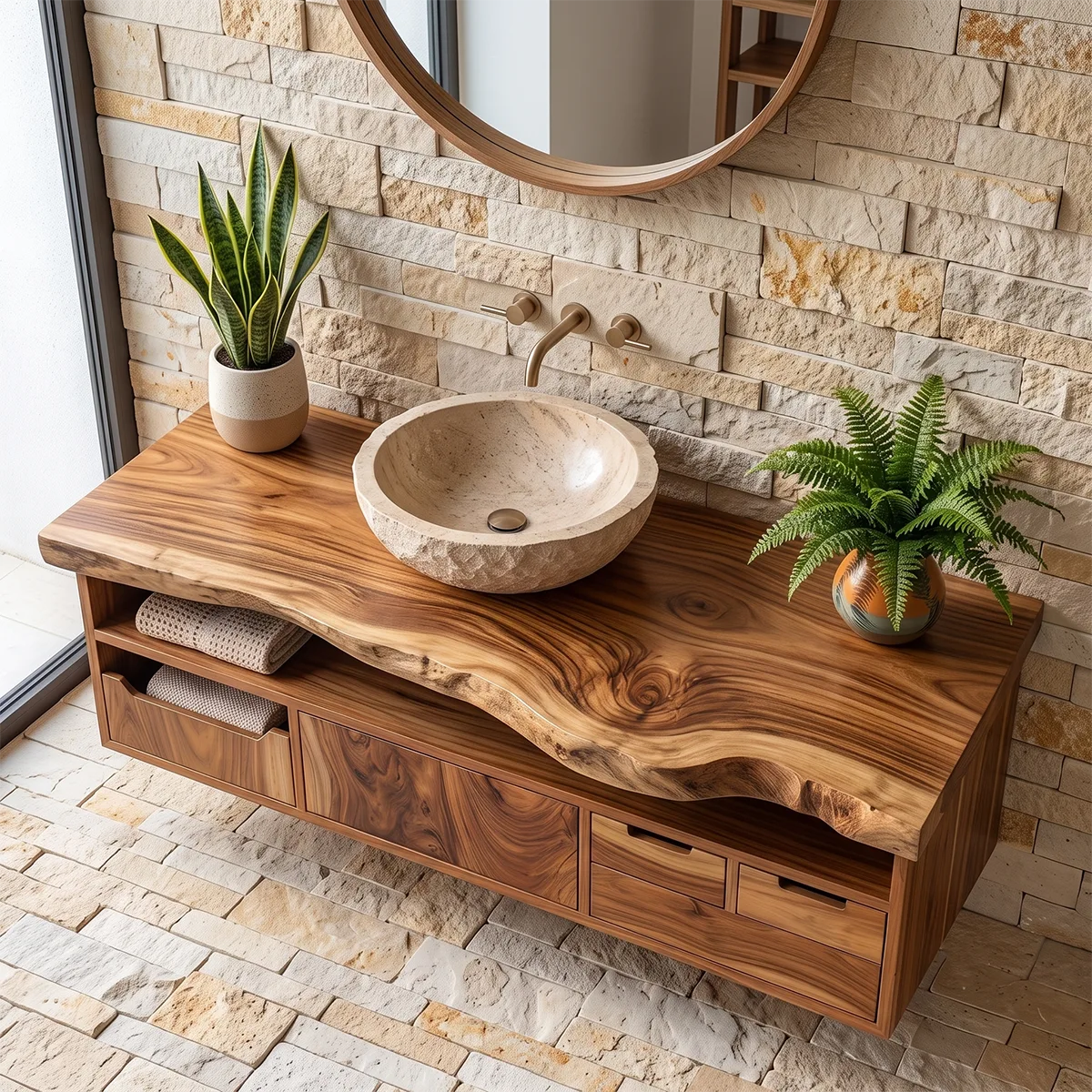Organic Live Edge Floating Bathroom Vanity with Open Storage & Multi-Drawer Cabinet TH003-3OXF9BY