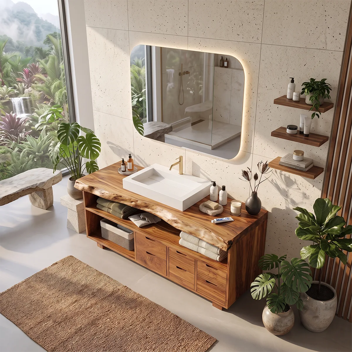 Live Edge Bathroom Vanity with Open Shelving & Multi-Drawer Storage TH003-9EZH8IM