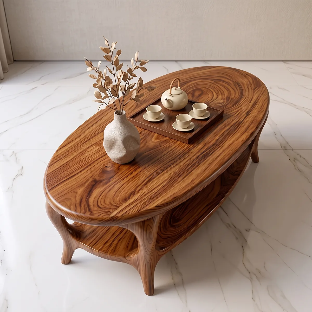 Modern Oval Coffee Table with Shelf | Sculptural Organic Center Table TH003-8066