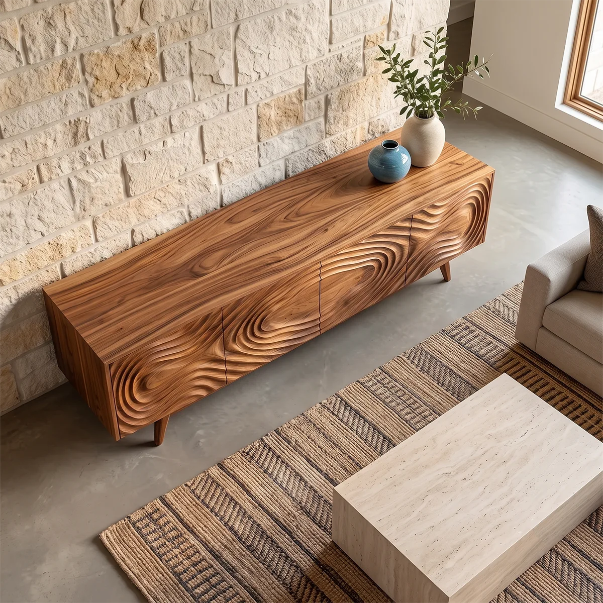 Topographic Relief TV Stand with Dual Cabinets & Center Drawers | Modern Media Console TH003-1QEW8AF
