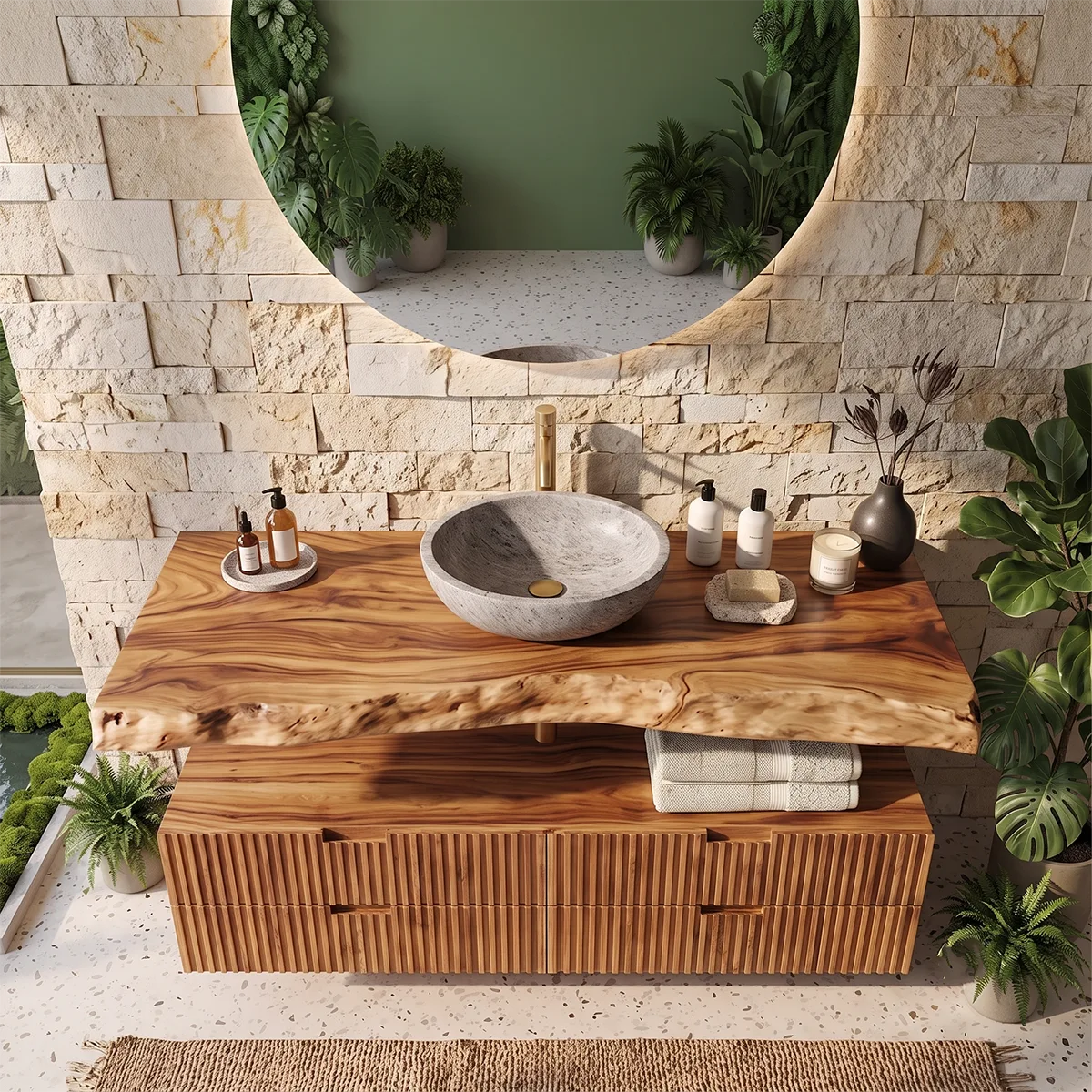 Floating Fluted Bathroom Vanity | Modern Live Edge Wood Vanity TH003-8BWH6MI