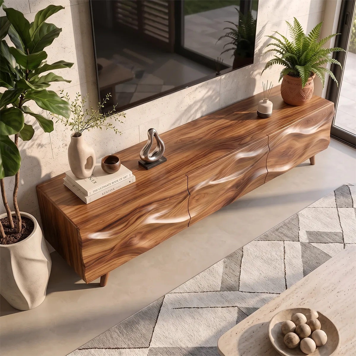 Wave Carved TV Stand with Cabinets & Drawer | Sculptural Media Console TH003-6OAB8FA