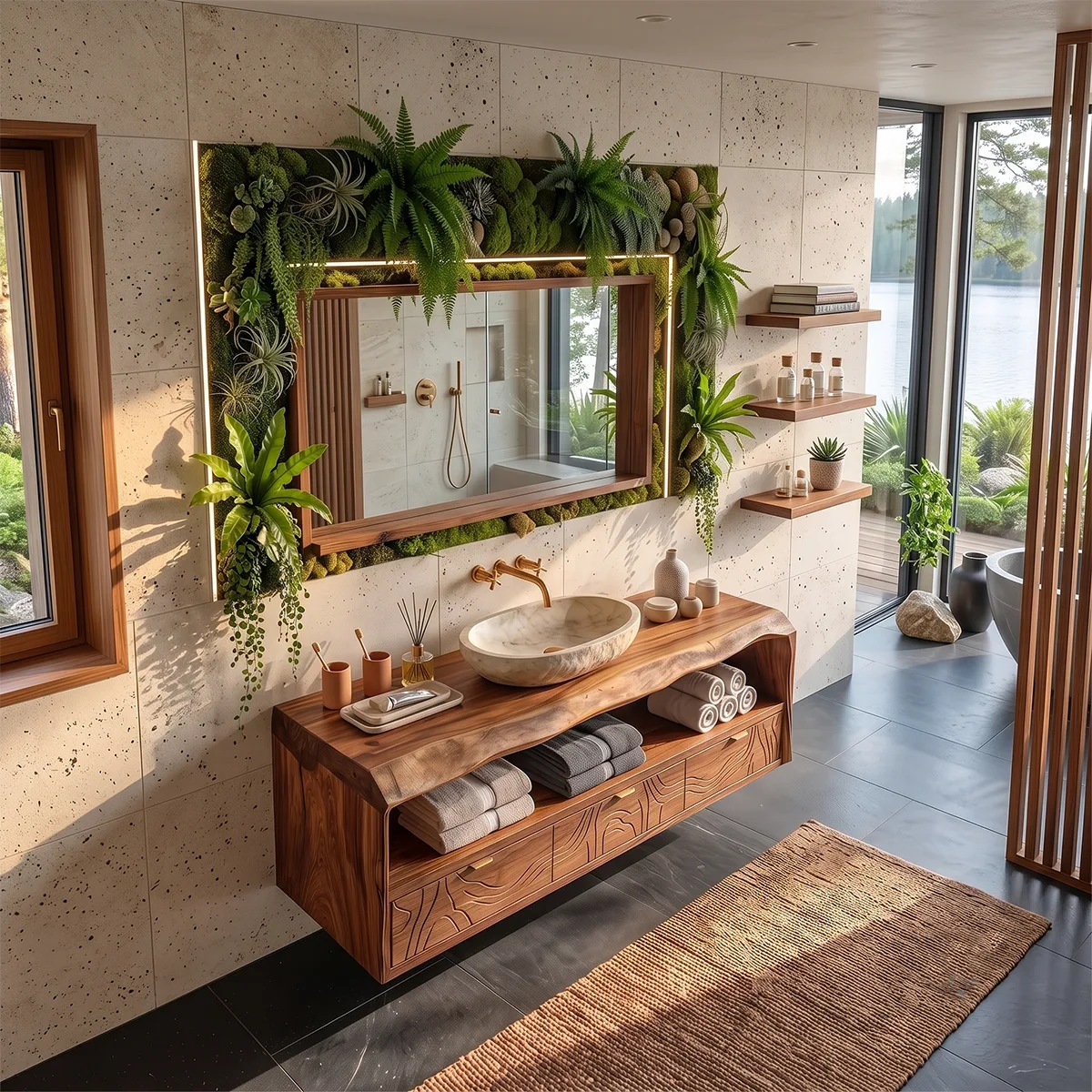 Floating Bathroom Vanity with Live Edge Countertop & Carved Drawer Fronts TH003-6UAW7UW