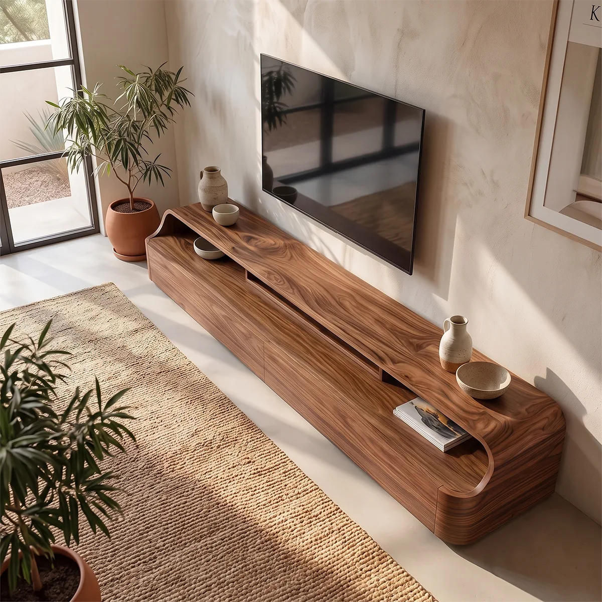Modern Low Profile TV Stand with 2 Drawers & Open Media Shelves